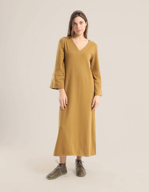 Reversible long aline dress with V neckline and embroidery on sleeves